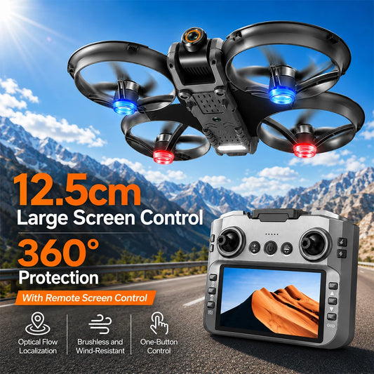 Drone Brushless Motor Wind Resistant RC Drone 12.5cm Large Screen Remote Control 360° Surround Protection Optical Flow Hover One Button Control Toy Drone