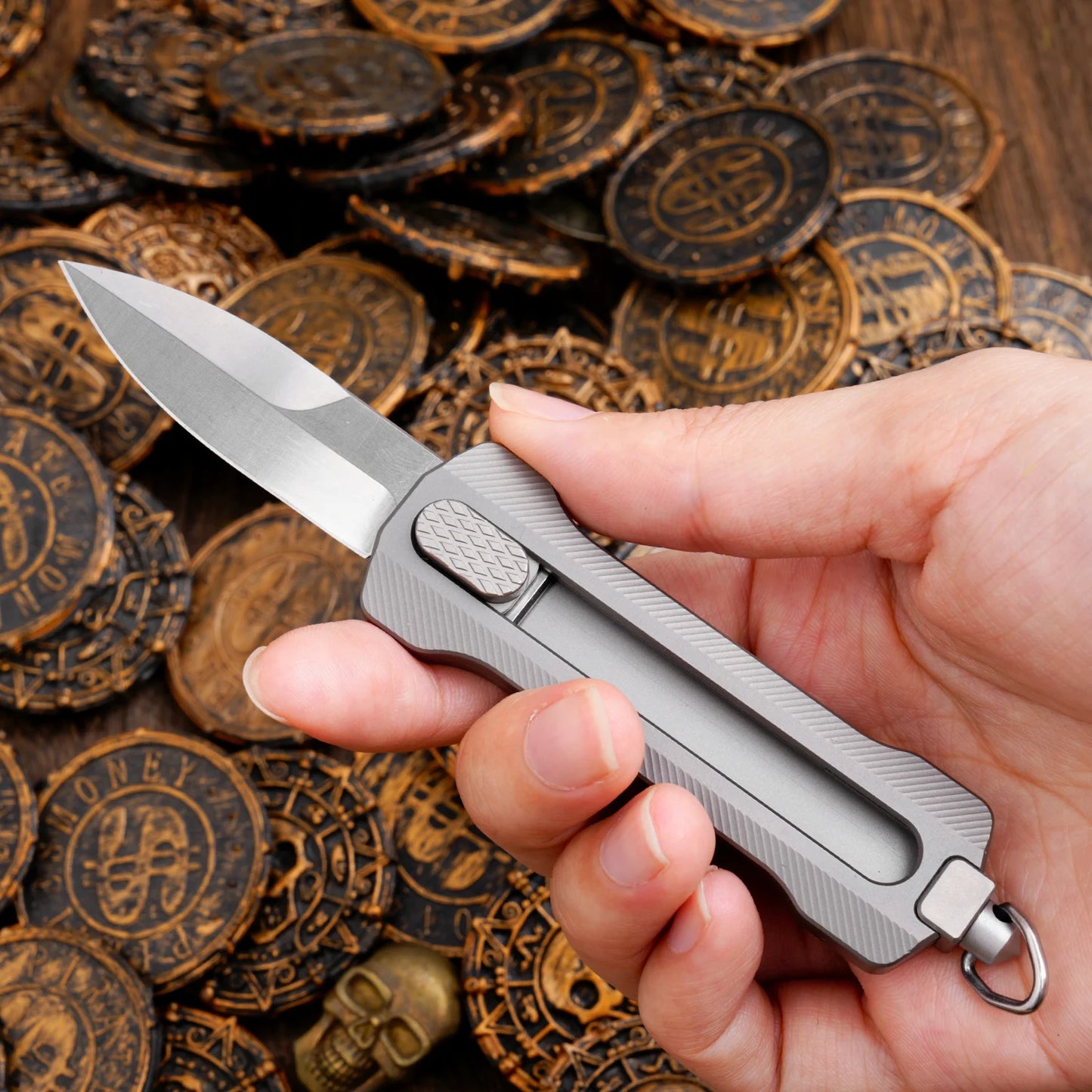 Titanium Alloy EDC Pocket Knife,D2 Steel Fixed Blade,With Window Breaker,for outdoor camping Hunting Hiking,Small Cutting Tool