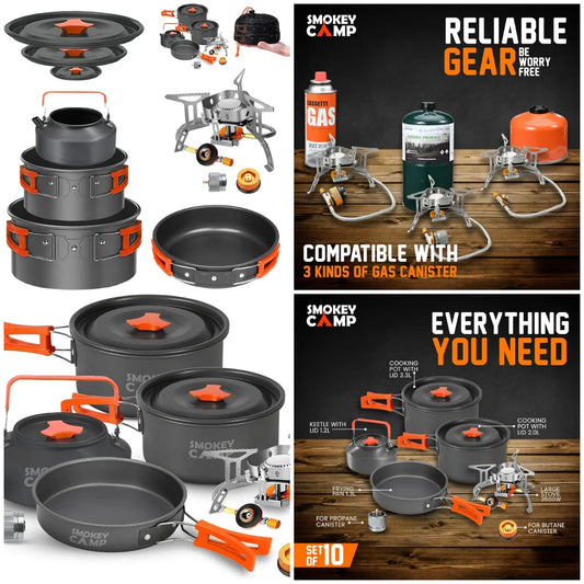 Camping Cookware MKit Set with Stove - Backpacking Camping Pots and Pans Set, All in One Non-Stick