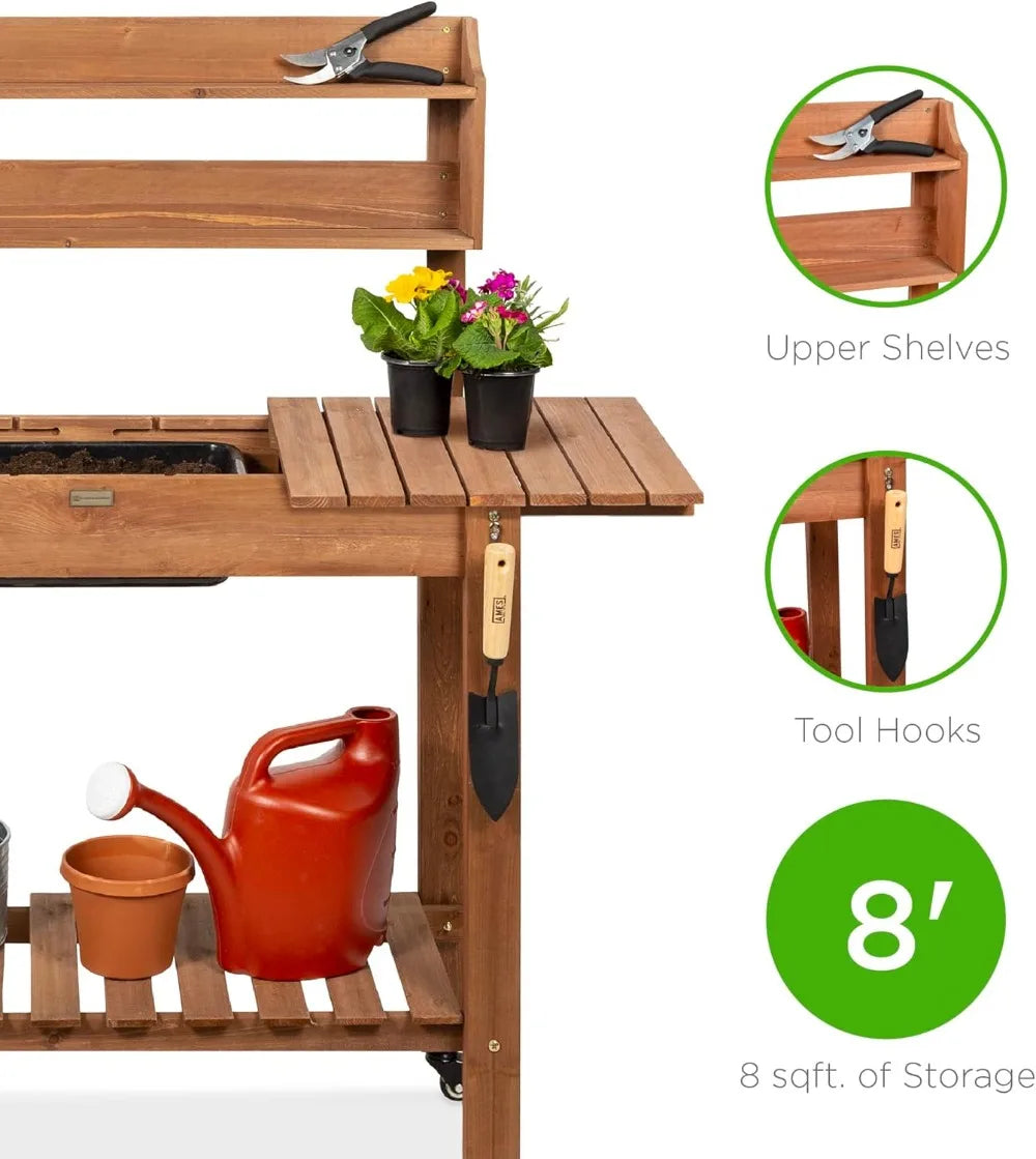Mobile Garden Potting Bench with Sliding Tabletop, 4 Locking Wheels, Dry Sink & Storage Shelves - Brown Outdoor Workstation