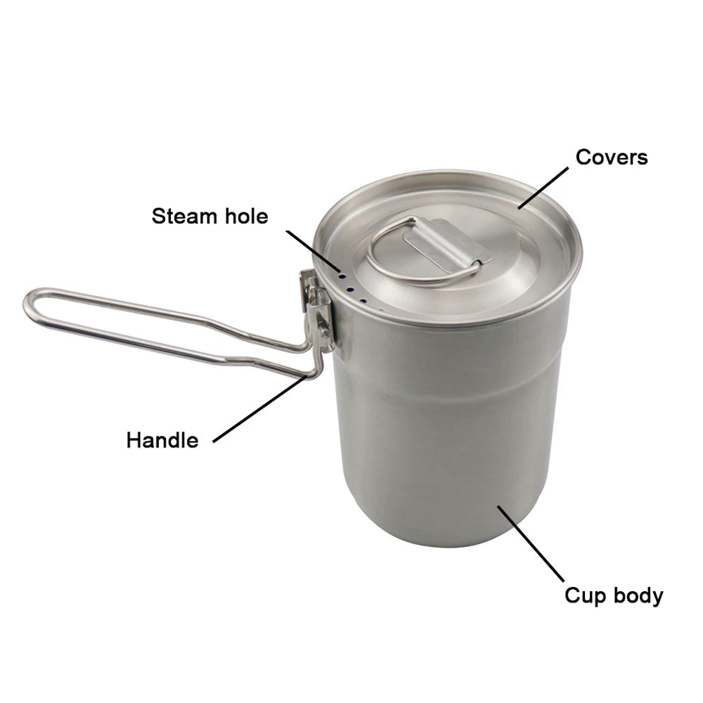 Camping Cup Stainless Steel Coffee Mug Portable Cooking Pot 1L with Lid Folding Handle for Camping Picnic Hiking