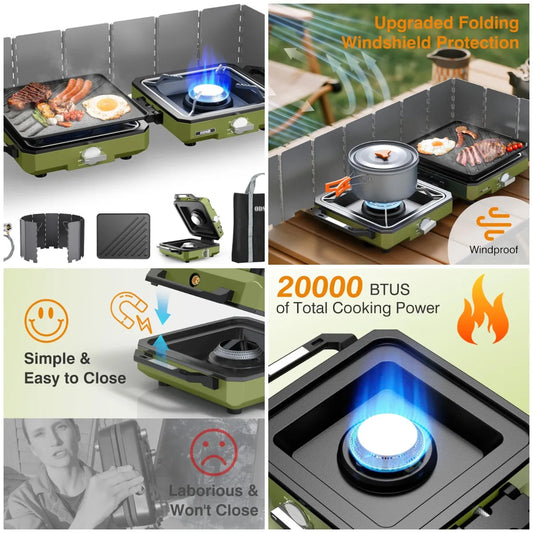 2 Burner Camping Stove with Windshield, 20000 Propane Camp Stove, Portable Folding Gas Stove, Camping