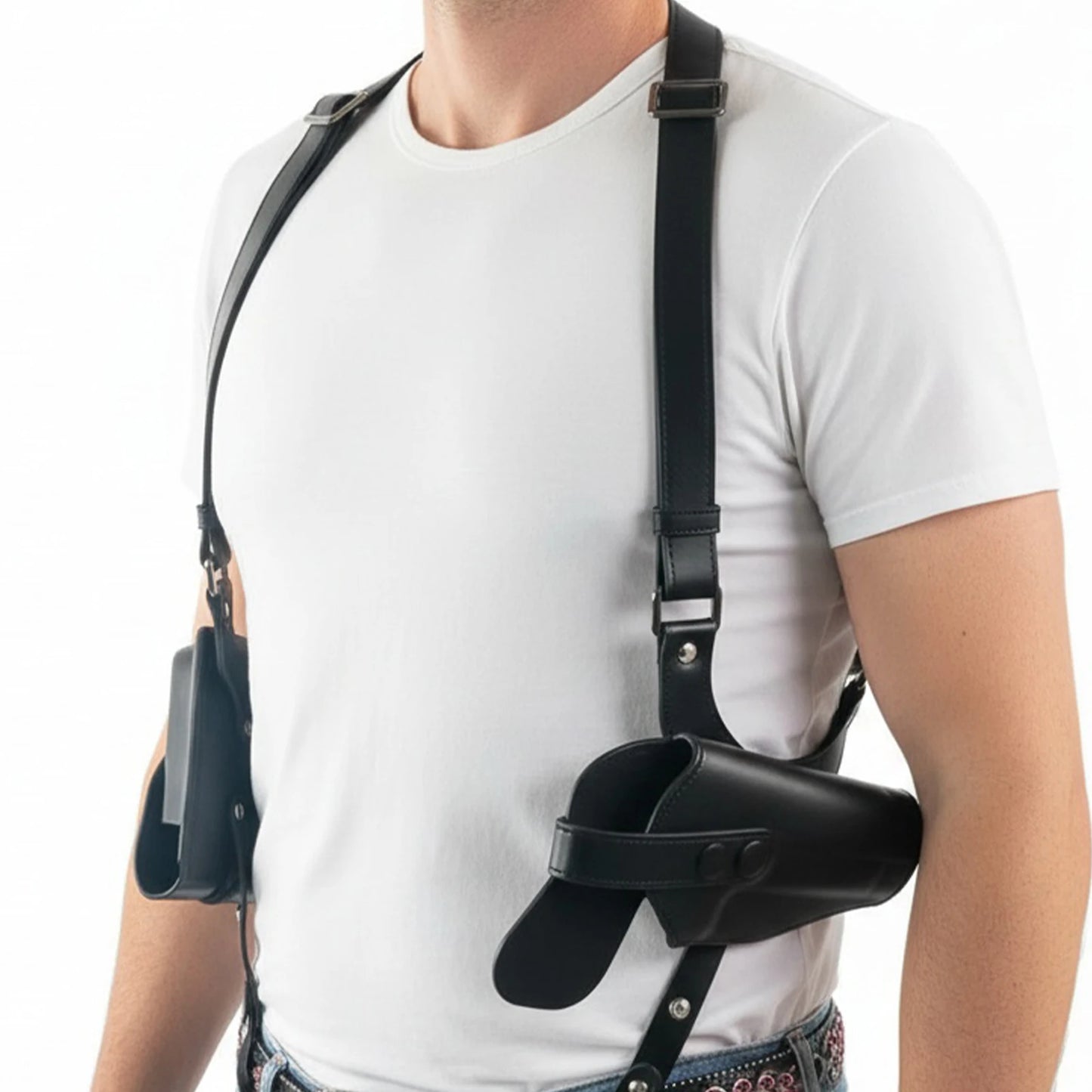 Leather  Stealth Pistol Holster with Double Magazine Pouch Adjustable Vertical Concealed Holster Fit 1911 92 92G Most Kinds of Pistols (Black)