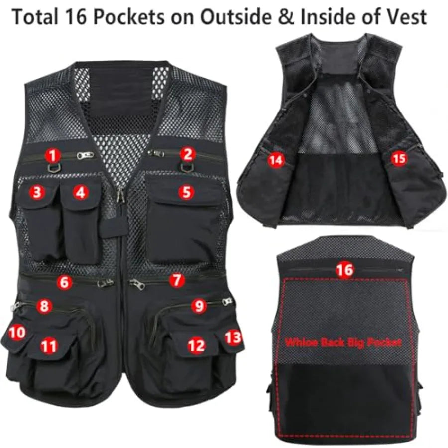 HUNTURE Fishing Vest, Pocket Travel Vest and Hat Gloves Neck Gaiter for Safari Hiking, Lightweight Work Cargo Vest for Men