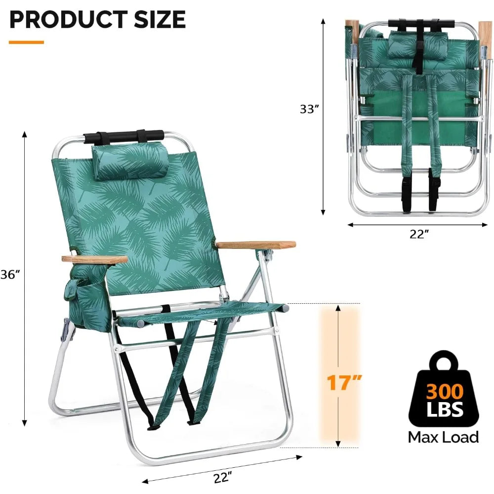 Lightweught 17" Backpack Beach Chair, Tall Beach Chairs for Adults, Portable with Adjustable Straps, 3-Position Customized