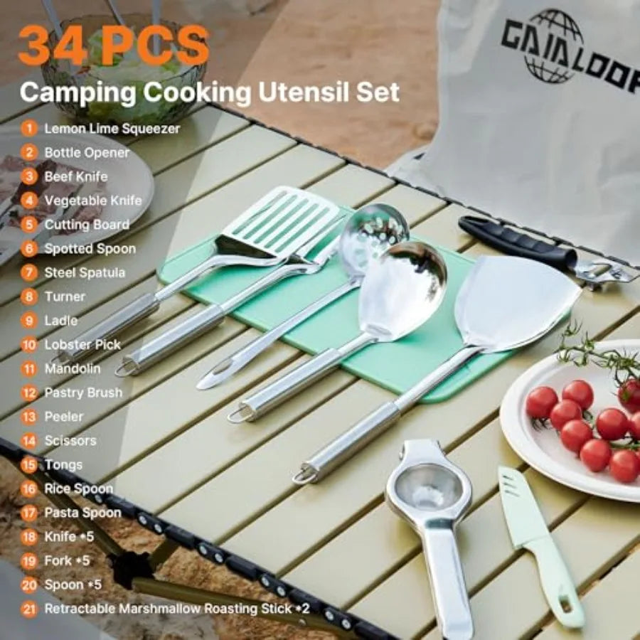 Portable Camping Cooking Utensils Set, Camp Kitchen Set with Organizer Bag, RV entials Outdoor Cooking Utensil Kit for Travel,
