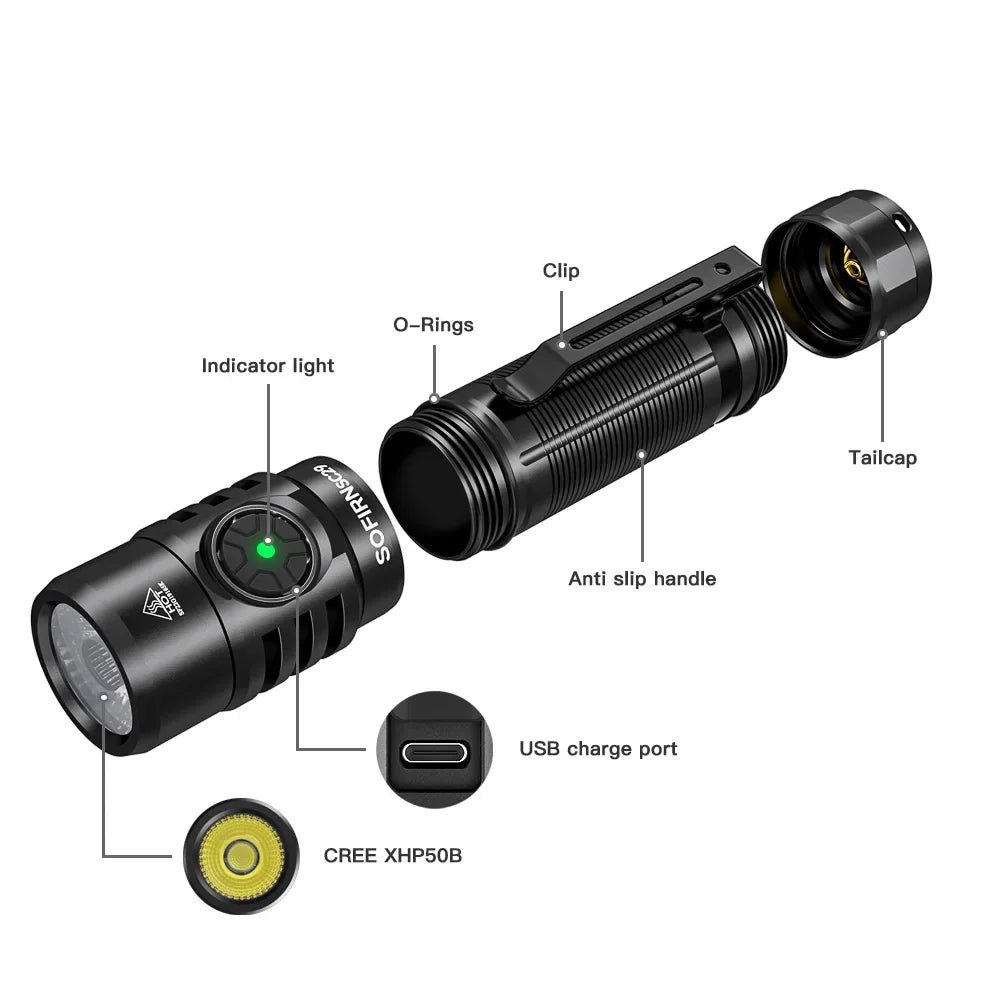 Sofirn SC29 3000 Lumens EDC Flashlight Rechargeable  XHP50B LED Powerful  21700 Torch Light Lantern IPX8 for Camping Fishing