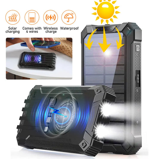 Solar Power Bank Ultra Large Capacity USB 4 in1 Super Fast Charging Built in Cables TypeC LED Light Outdoor Power Bank