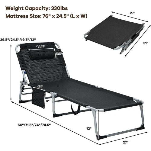 27" 3 in 1 Folding Camping Cot with Mattress Headrest Side Pocket & Carry Strap,Portable Adult Sleeping Bed for Lawn Beach Black