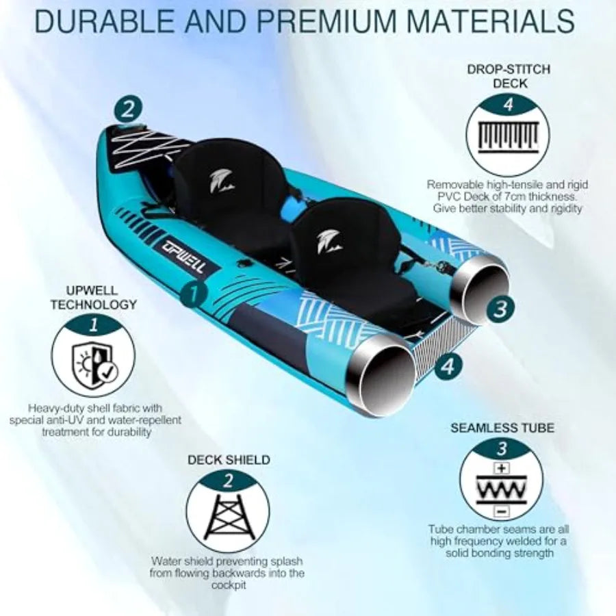 Recreational 2-person inflatable kayak for lakes and calm rivers, PVC material, blue-gray color, drop-stitch floor for rigidity