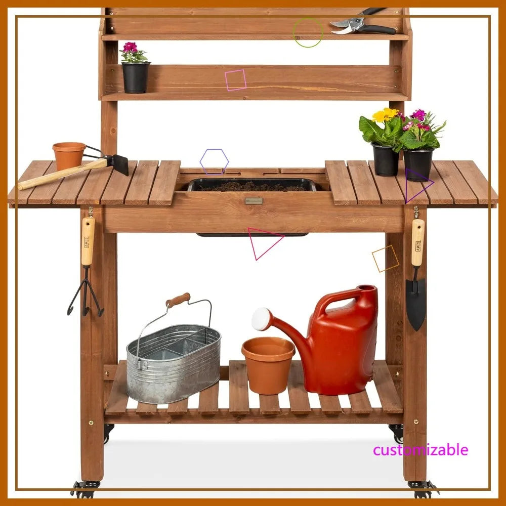 Mobile Garden Potting Bench with Sliding Tabletop, 4 Locking Wheels, Dry Sink & Storage Shelves - Brown Outdoor Workstation