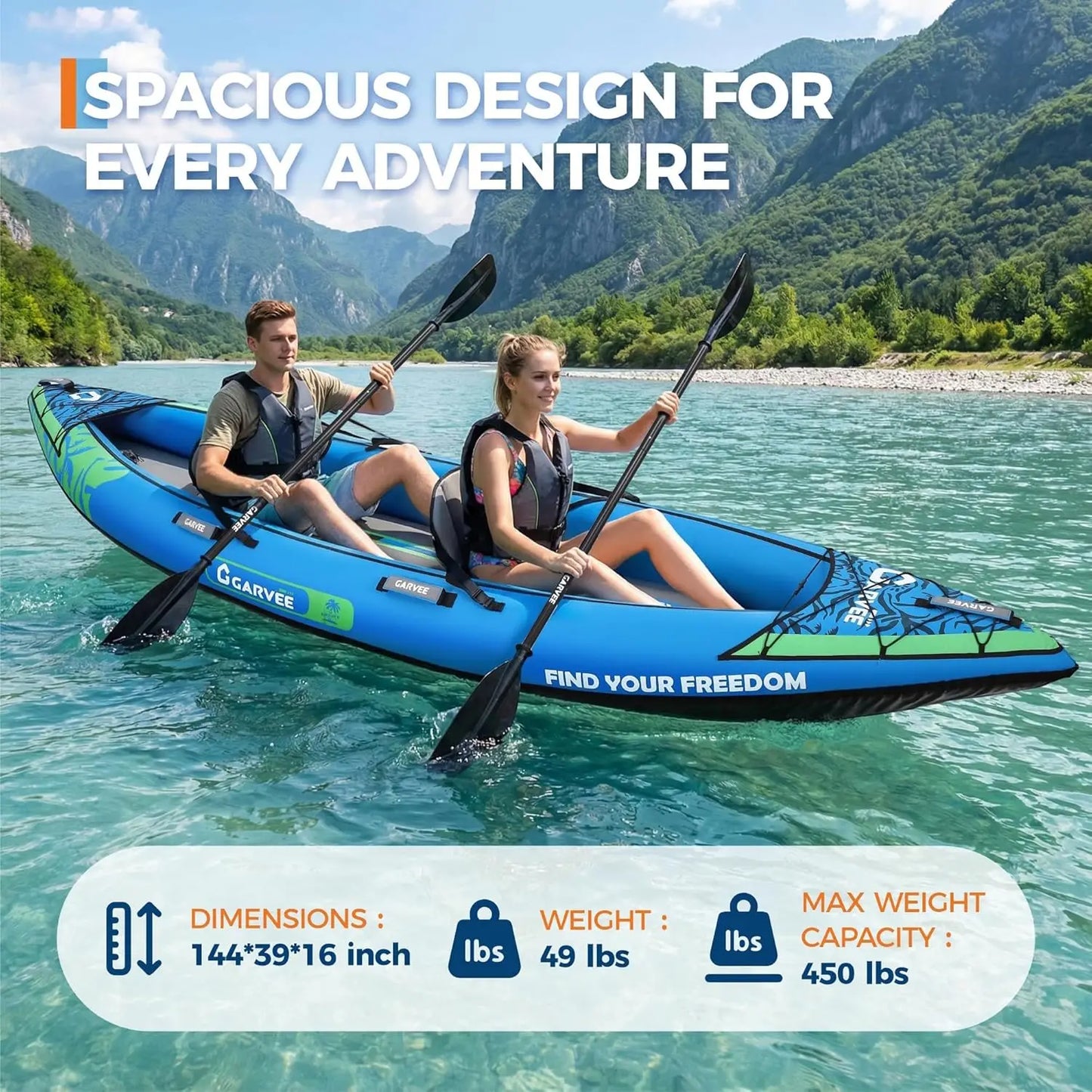 Inflatable Kayak, Heavy-Duty PVC Tandem Kayak with Adjustable Seats & Backrest, Aluminum Paddles, High-Output Pump, Portable Fishing Kayak for Lake River Ocean, Recreational Kayak for Adults and Kids