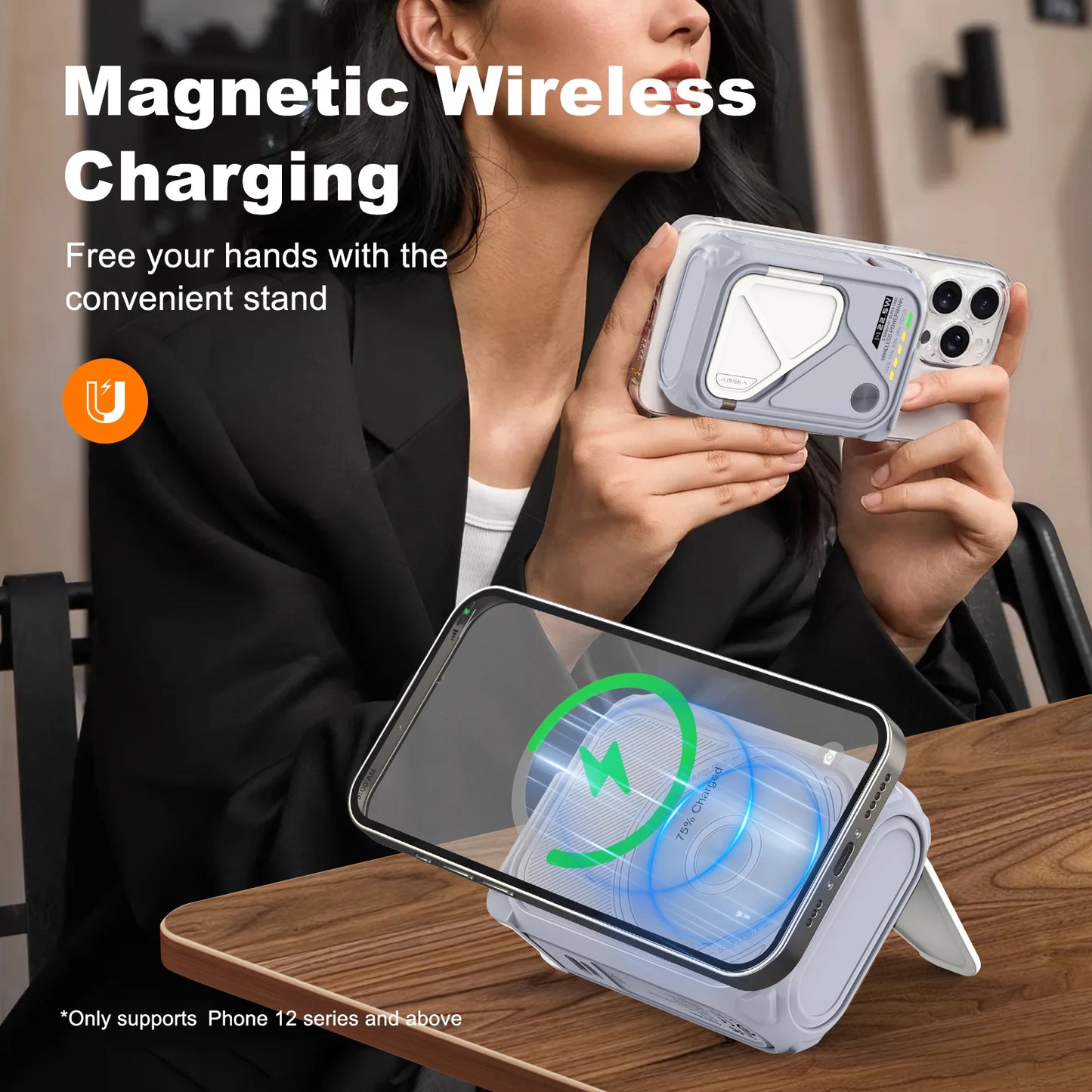 PD 22.5W Fast Charging 10000mAh Magnetic Wireless Power Bank USB Type-C Detachable Data Cable Phone Holder Emergency PowerBank