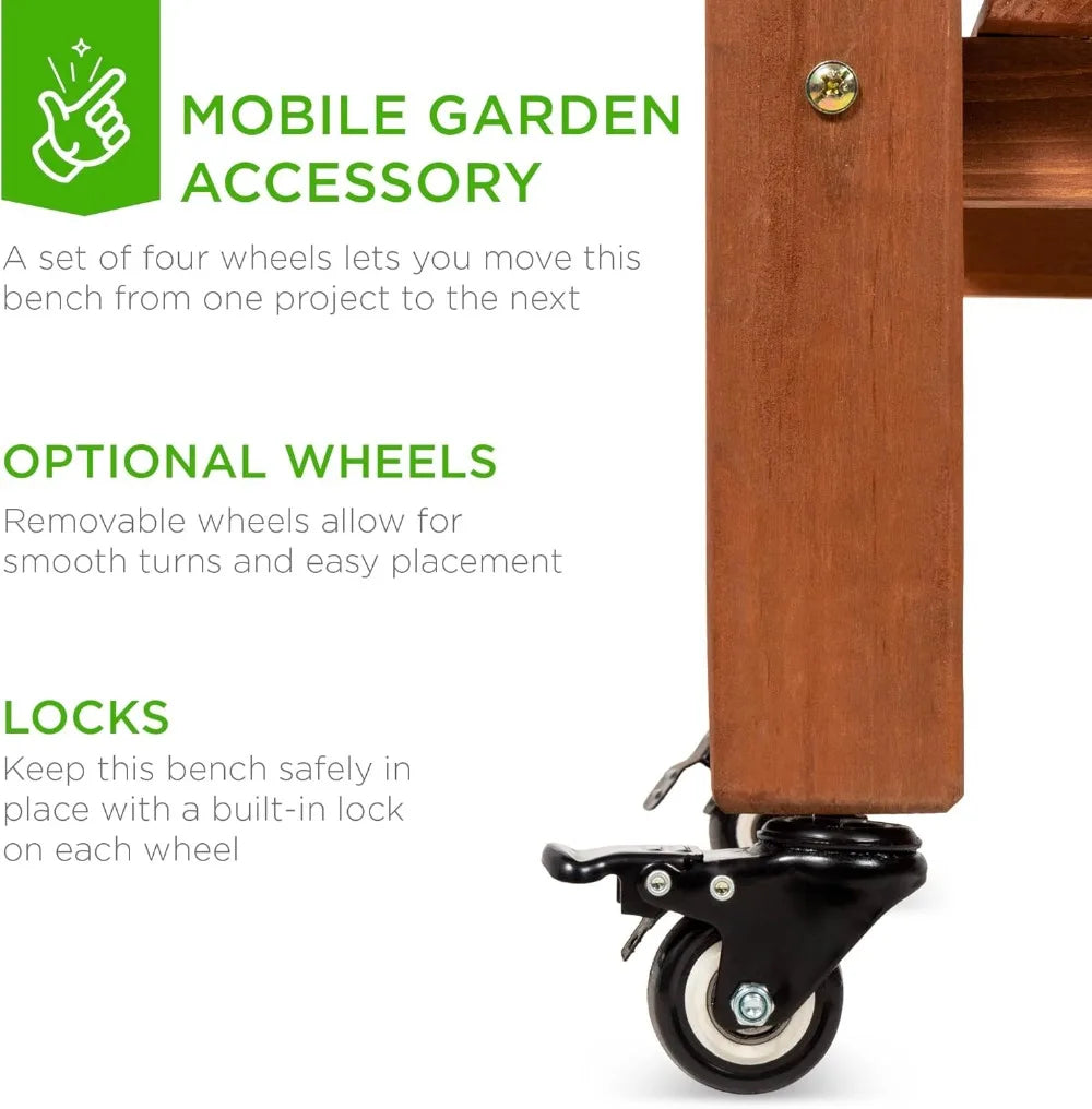 Mobile Garden Potting Bench with Sliding Tabletop, 4 Locking Wheels, Dry Sink & Storage Shelves - Brown Outdoor Workstation