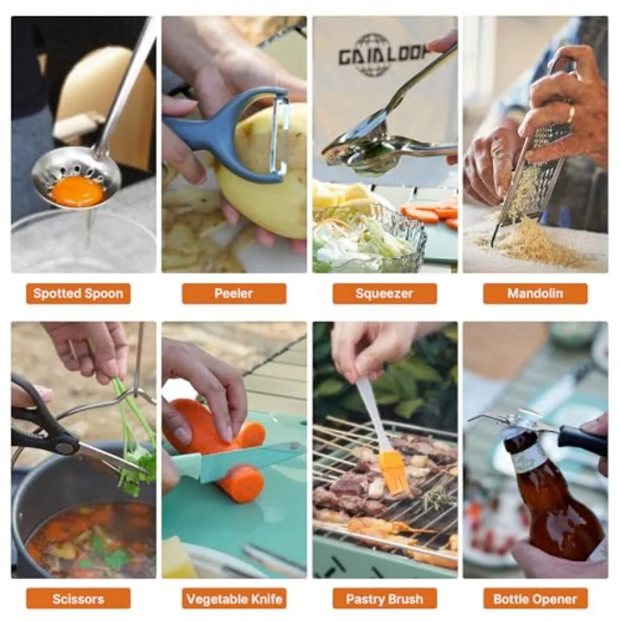 Portable Camping Cooking Utensils Set, Camp Kitchen Set with Organizer Bag, RV entials Outdoor Cooking Utensil Kit for Travel,