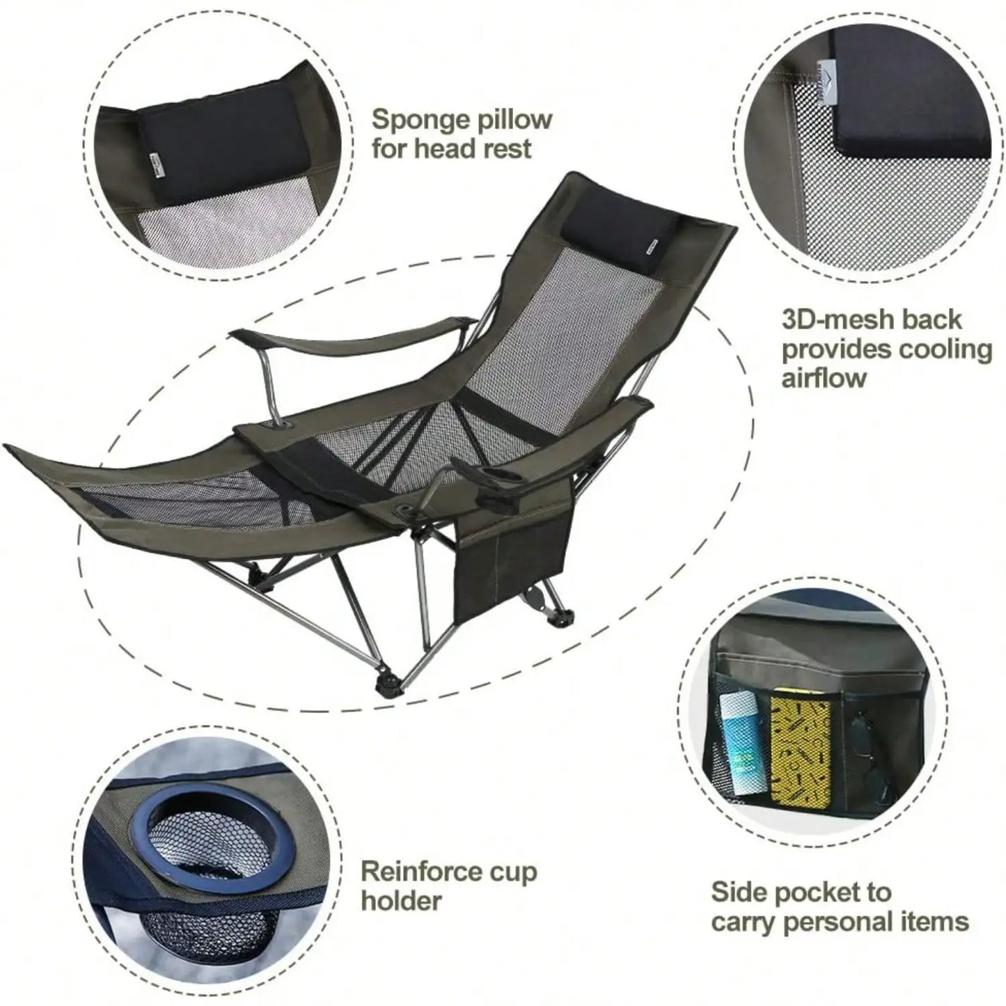 Title: 2-in-1 Reclining Camping Chair with Footrest, High Back Mesh Folding Chair with Cup Holders for Outdoor Beach Fishing
