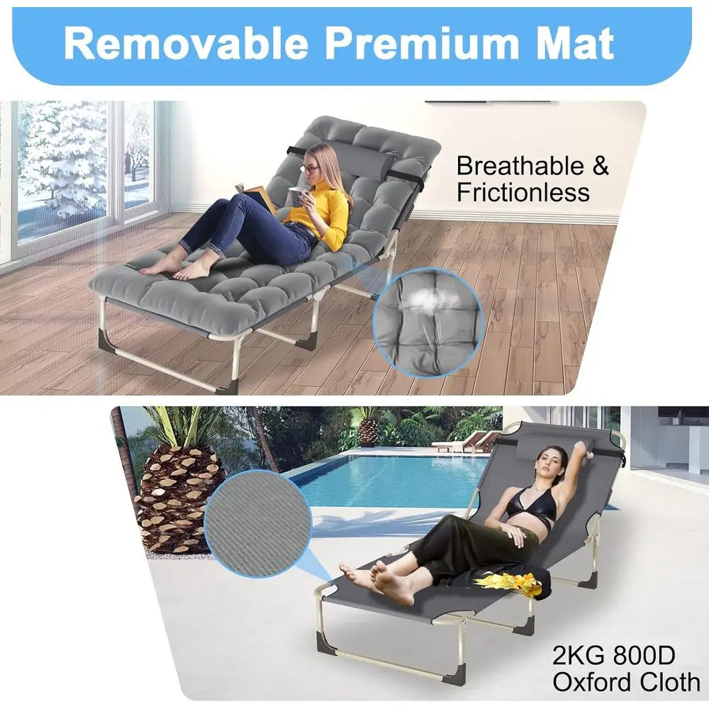 Folding Camping Cot, 28.7in 5-Position Adjustable Recliner, 500LB Capacity, 800D Oxford Cloth with Pillow & Mattress