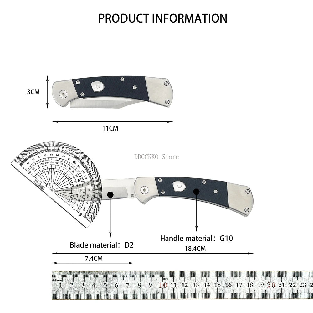 Multi-functional Pocket Knife 2.91-inch D2 Steel Blade Black G10 Handle Portable Outdoor Fruit Folding Knife EDC Camping Hiking Hunting Tactical Tool Gift