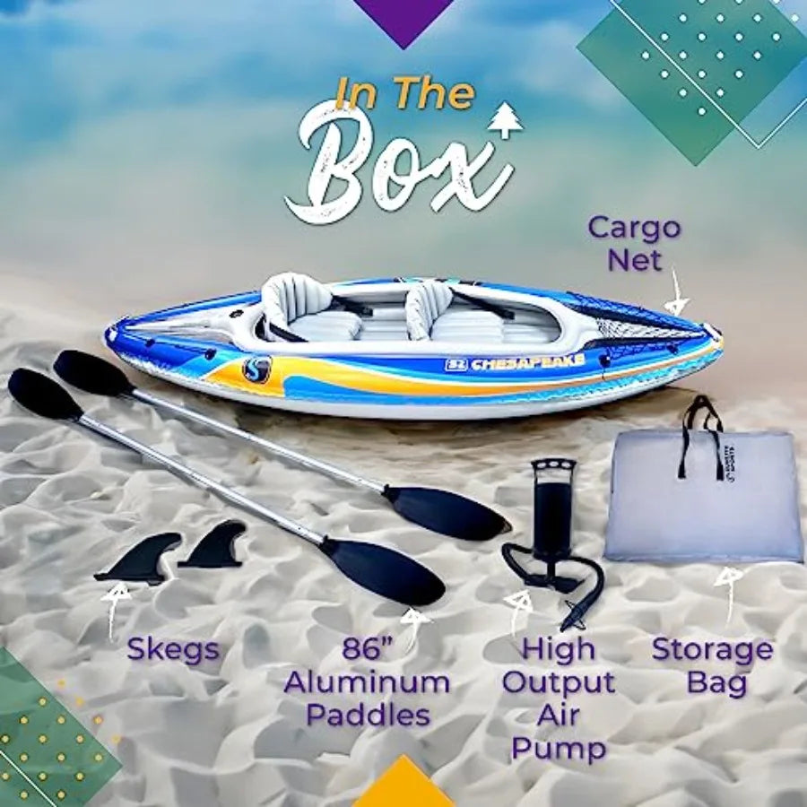 Inflatable Kayak 2 Person for Lakes Rivers, PVC Material, Gray/Blue, Includes Canopy, Aluminum Oars, Air Pump Carry Bag, 400 LB