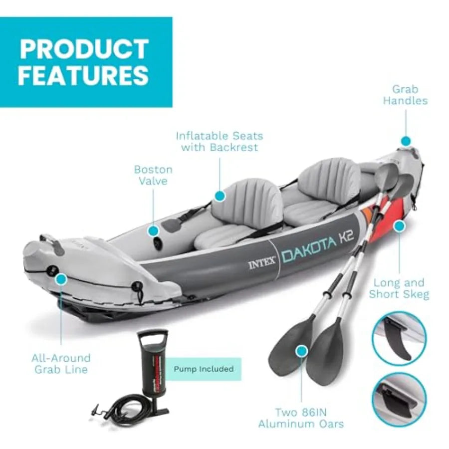 2-Person Inflatable Kayak Set for lakes and rivers, durable PVC material, gray-blue color, includes 86in oars and high-efficien