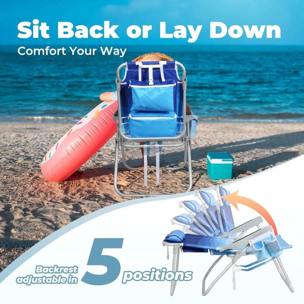 Tall Beach Chairs for Adults – 5-Position Reclining Backpack Chair with Large Insulated Cooler & Storage Pocket, Customized