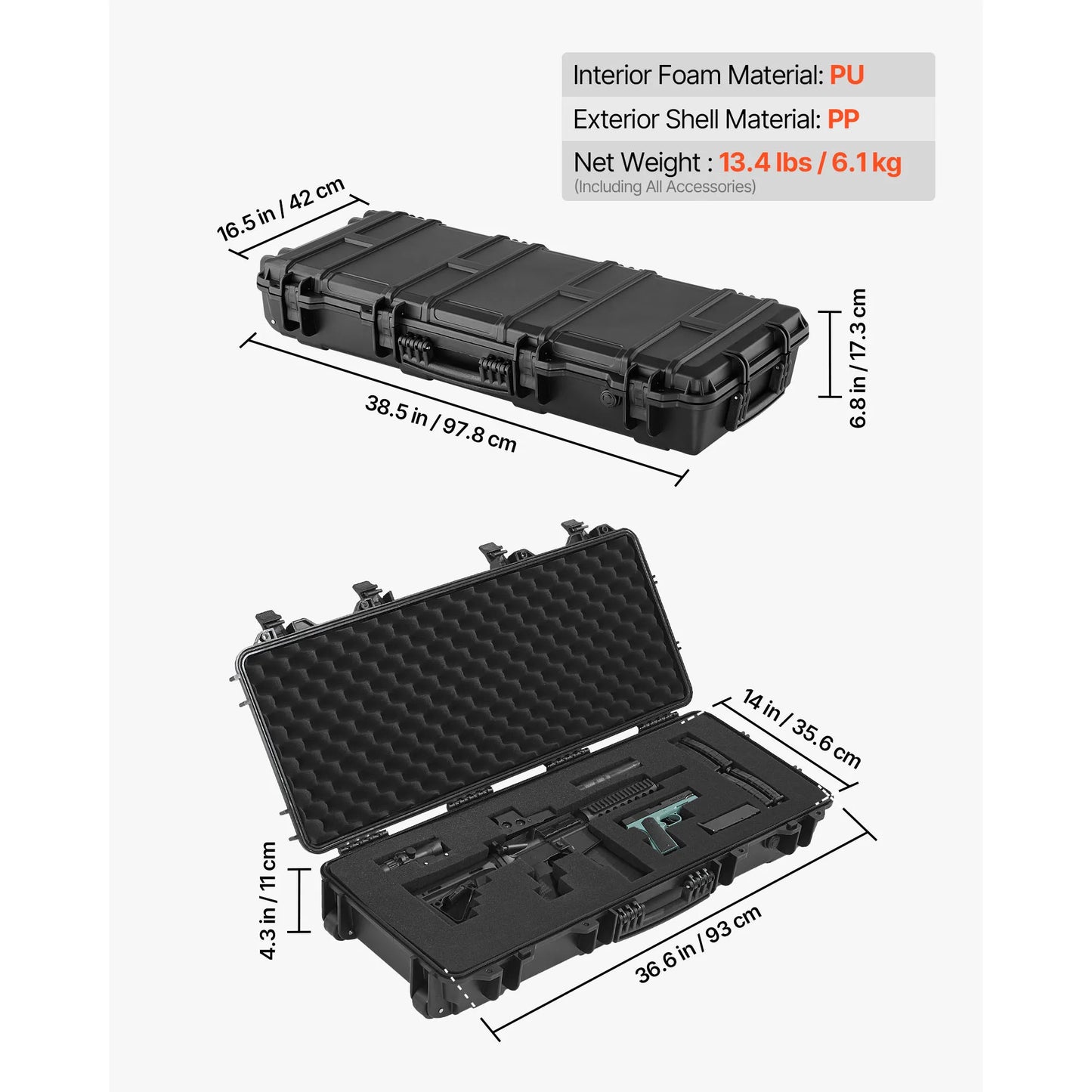 SucceBuy Hard Rifle Case Lockable Rifle Case w/ Pre-cut Foams & Wheels IP67 Waterproof Pistol Storage Cases for Rifles Shotguns
