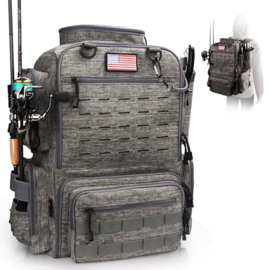Fishing Backpack with Rod Holders for 4 Tackle Boxes 45L Waterproof Fishing Gear Bag Storm Gray Ideal for Men and Women