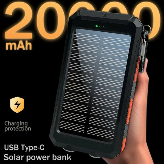 Solar Power Bank10000/20000MAH Portable Fast, Equipped with 4 Dual USB Ports And Type-C/Micro USB Input Ports, Built-in 2.4W LED Flashlight/compass, Suitable for All Mobile Devices, Travel And Camping Backup Power, Practical
