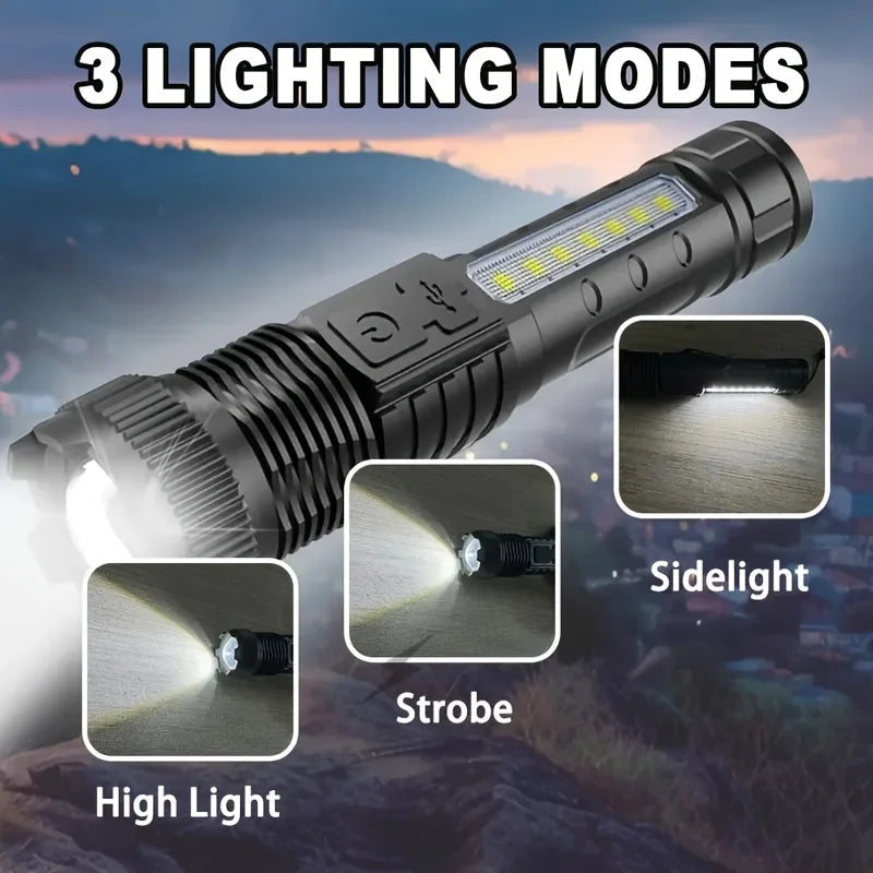 Rechargeable High Lumen LED Flashlight Tactical COB Work Light Power Display Waterproof Camping Emergency Christmas Men Gift