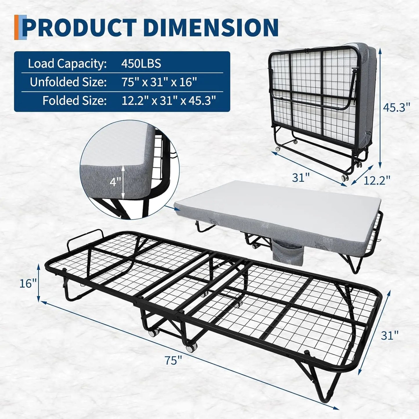 Folding Bed with Mattress, Portable Rollaway Bed with 4" Memory Foam Mattress for Adults, Foldable Guest Bed with Metal Frame, Fold Up, Roll Away, Space Saving for Outdoor