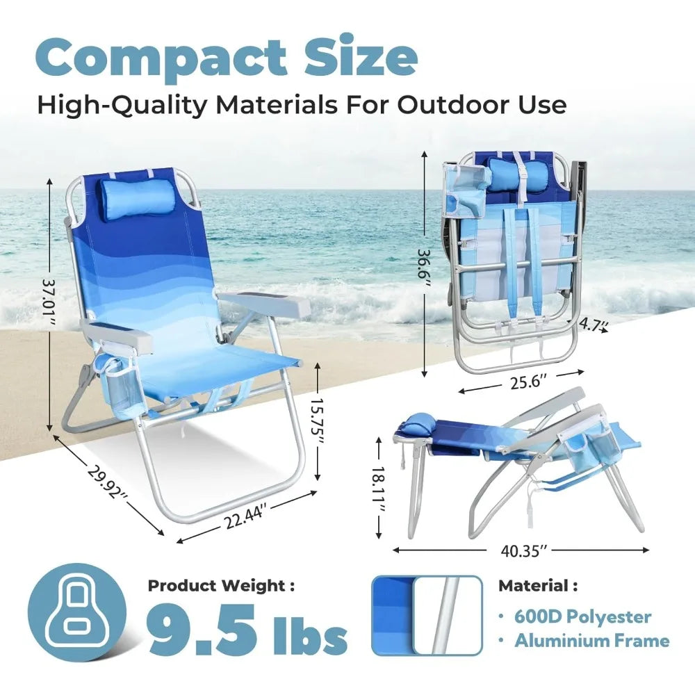 Tall Beach Chairs for Adults – 5-Position Reclining Backpack Chair with Large Insulated Cooler & Storage Pocket, Customized