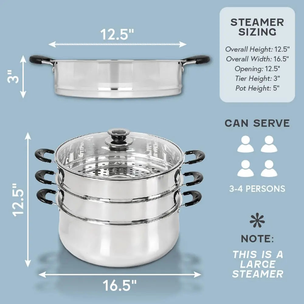 30CM Stainless Steel 3 Tier Steamer Pot Triply Bottom Cookware for Healthy Cooking