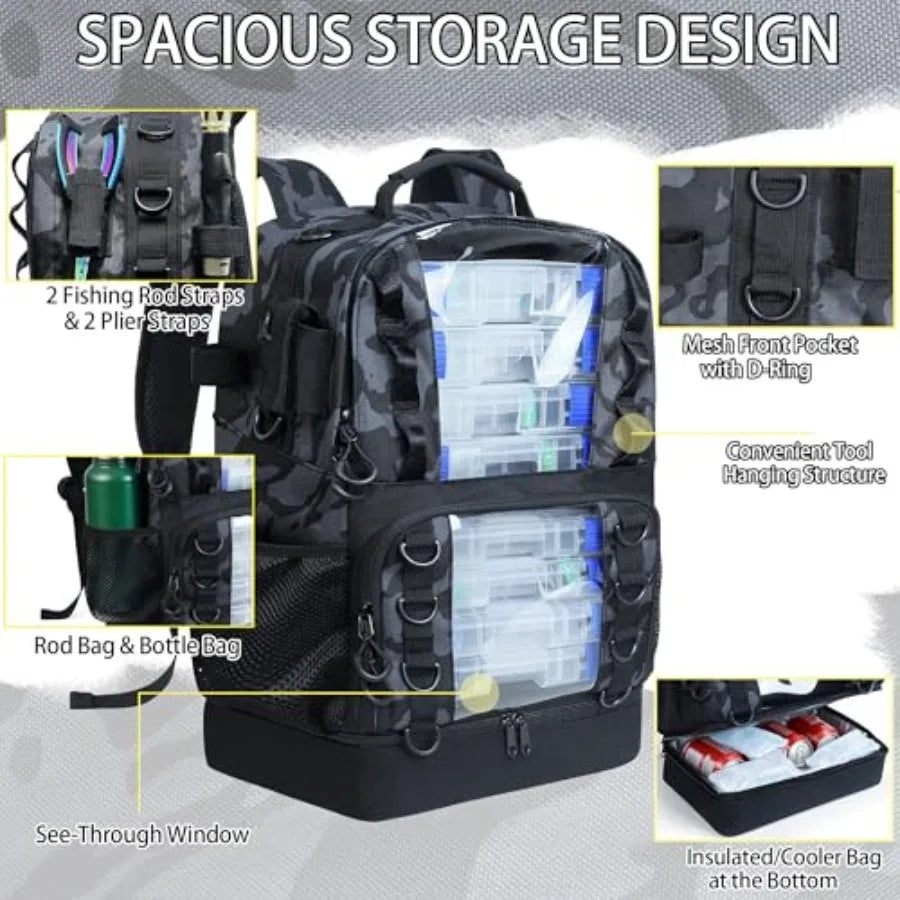 Fishing Tackle Backpack with 4 Tackle Boxes, 45L Large Tackle Bag with 2 Rod Holders and Clear Window, Outdoor Fishing Backpack