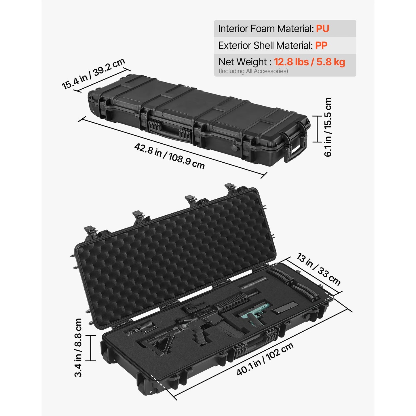 SucceBuy Hard Rifle Case Lockable Rifle Case w/ Pre-cut Foams & Wheels IP67 Waterproof Pistol Storage Cases for Rifles Shotguns