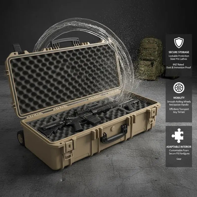 Rifle Protective Trunk 40 Inch For Hunting Shooting Range Tactical Training, Pre-cut Foam Lockable Latches Rolling Wheels Khaki Large Firearm Container Shotgun Airsoft Storage Case