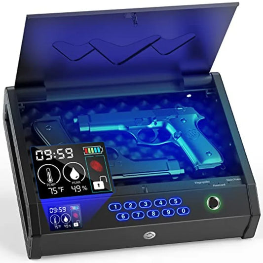 Gun Safe Biometric Gun Safes for Pistols with LCD Display of Temperature Humidity Fingerprint Quick Access Pistol Safe Solid Ha