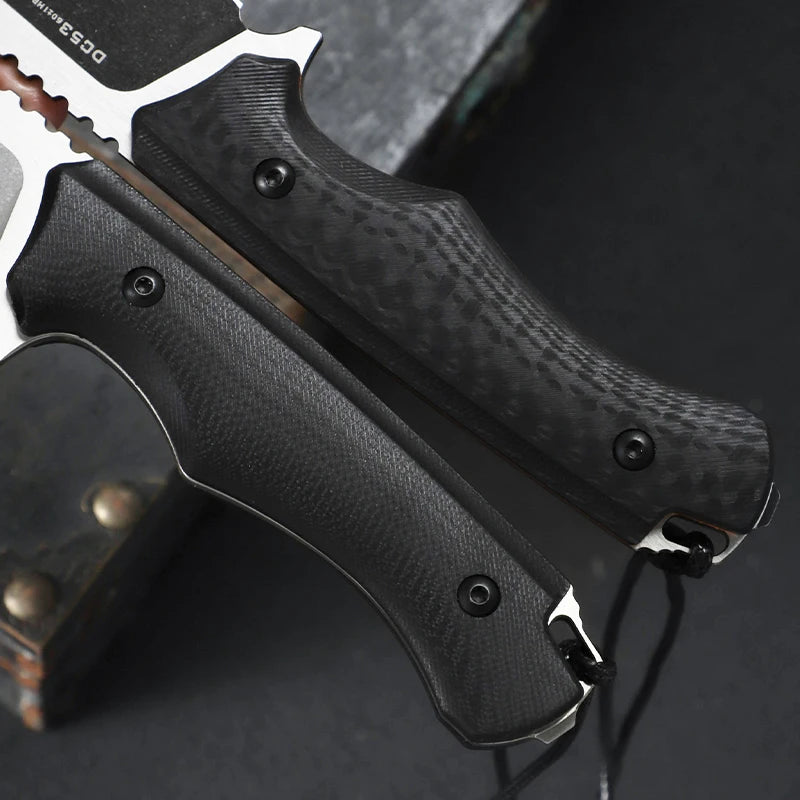 DC53 steel fixed blade straight knife, G10 handle with K sheath, outdoor camping hunting self-defence knife, camping EDC tool
