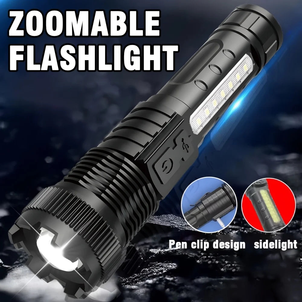 Rechargeable High Lumen LED Flashlight Tactical COB Work Light Power Display Waterproof Camping Emergency Christmas Men Gift