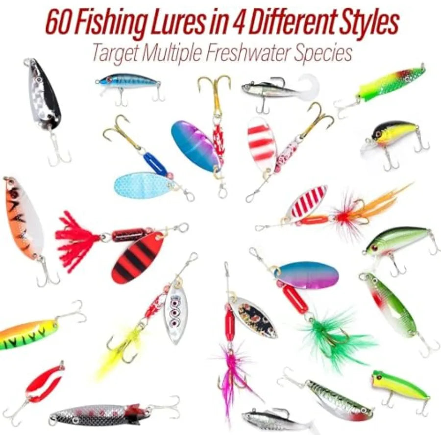 Fishing Tackle Bag 5 Boxes with 60 Lures Included Loaded Stocked Tackle Box Set Spinner Lures Kit Freshwater Gear Equipment