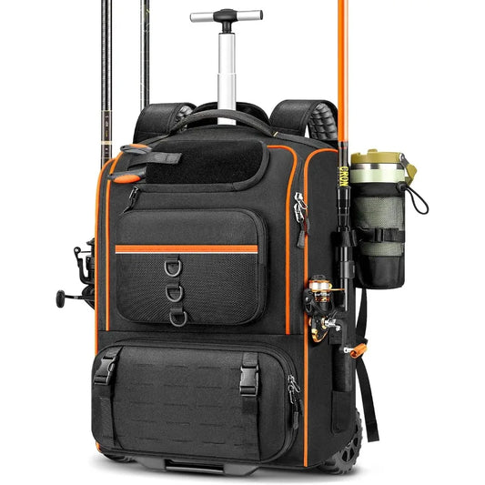 Fishing backpack with wheels for outdoor fishing enthusiasts waterresistant tackle box bag designed to hold all fishing gear an