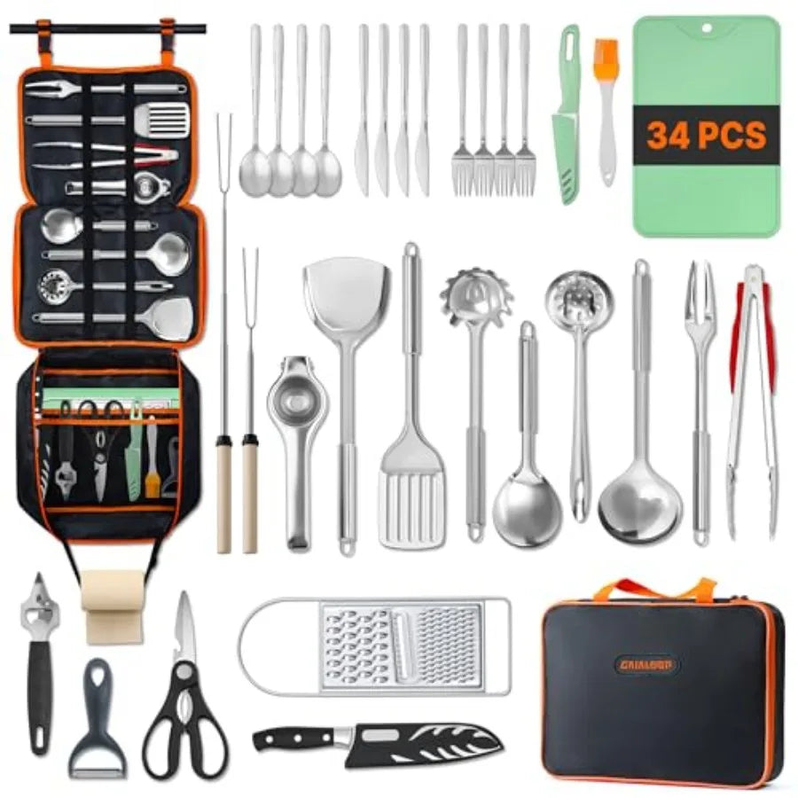 Portable Camping Cooking Utensils Set, Camp Kitchen Set with Organizer Bag, RV entials Outdoor Cooking Utensil Kit for Travel,