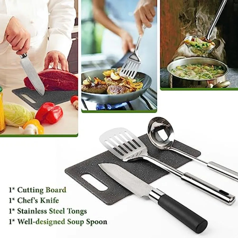 Camping Cooking Utensils Set, Stainl Steel Grill Tools, Camping BBQ Cookware Gear and Equipment for Travel Tenting RV Van Picni