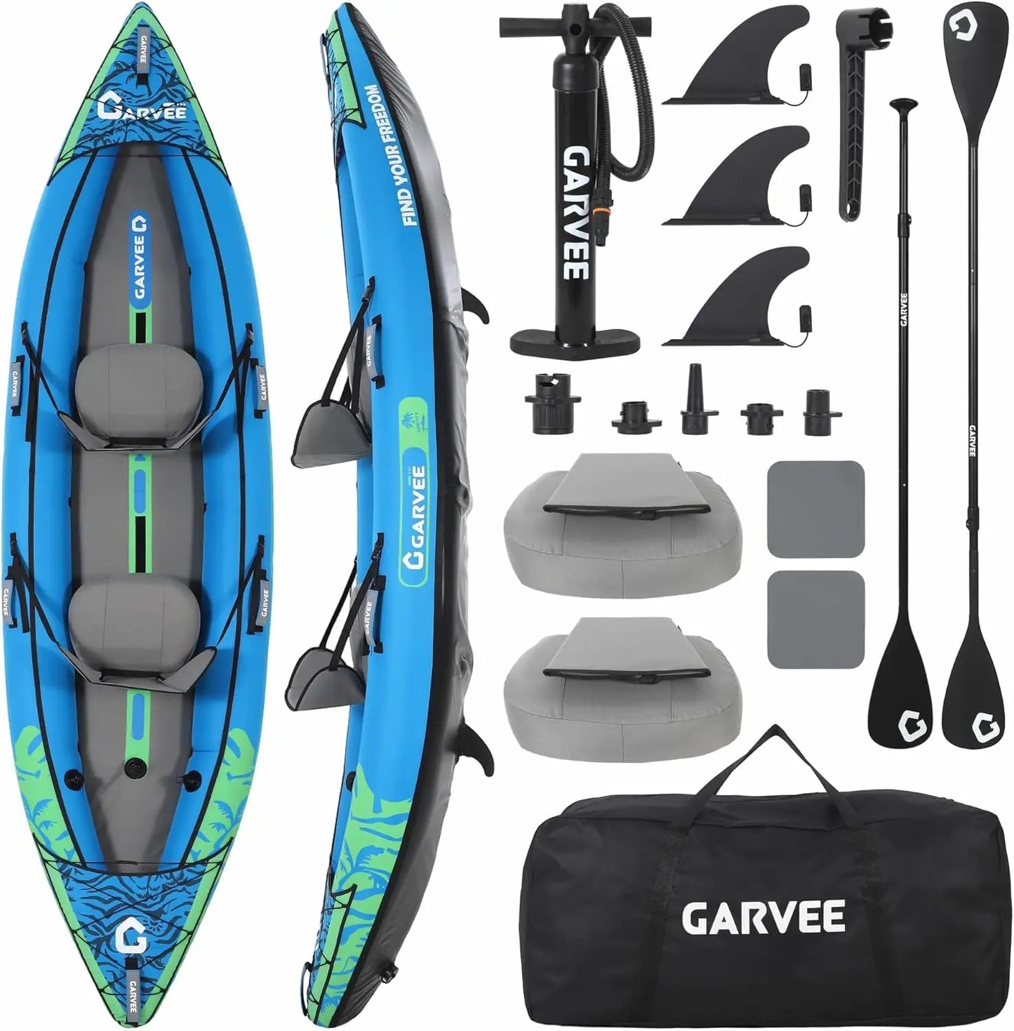 Inflatable Kayak, Heavy-Duty PVC Tandem Kayak with Adjustable Seats & Backrest, Aluminum Paddles, High-Output Pump, Portable Fishing Kayak for Lake River Ocean, Recreational Kayak for Adults and Kids