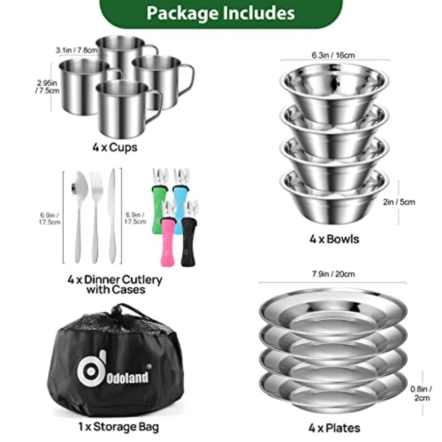 29pcs Stainl Steel Utensils Camping M Kits with Bowls Plates Cups Forks Spoons and Knives for 4, Camping Cutlery Set for Backpa