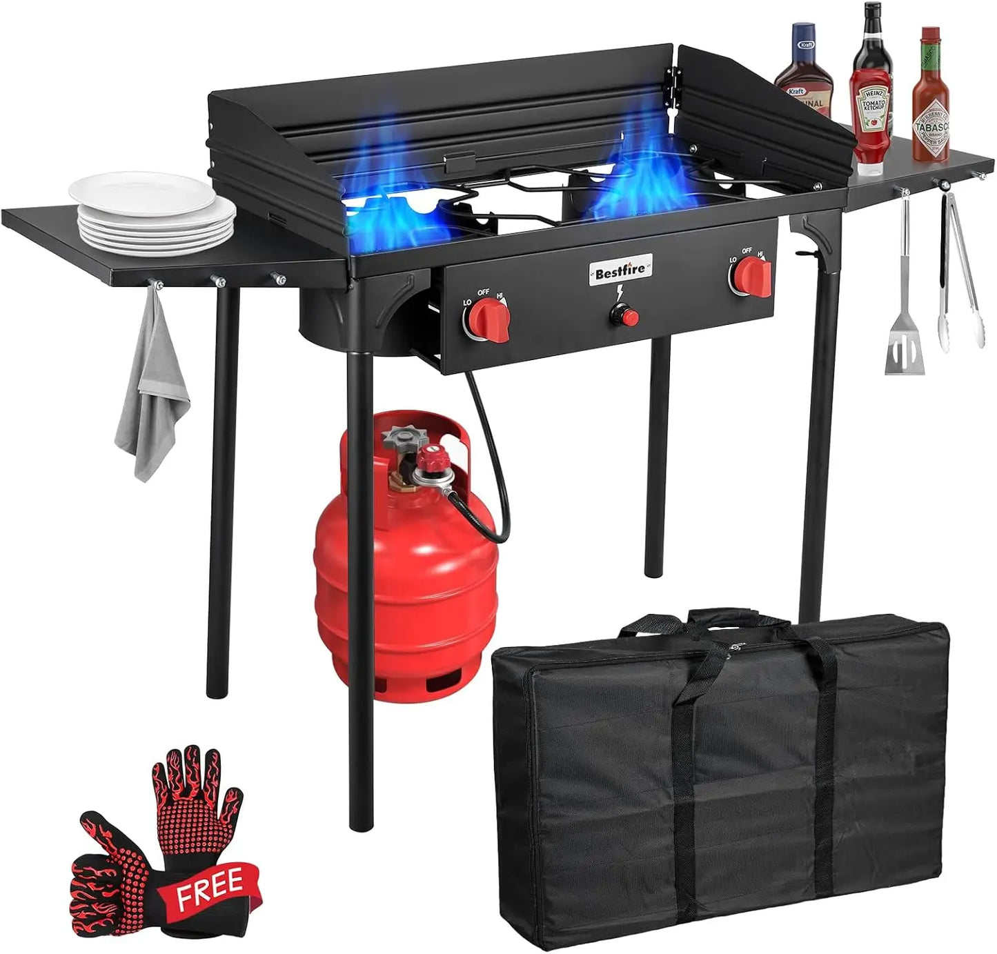 2 Burner Camping Stove with Windscreen& Side Shelves, Bag, Auto Ignition Button,Regulator,150,000