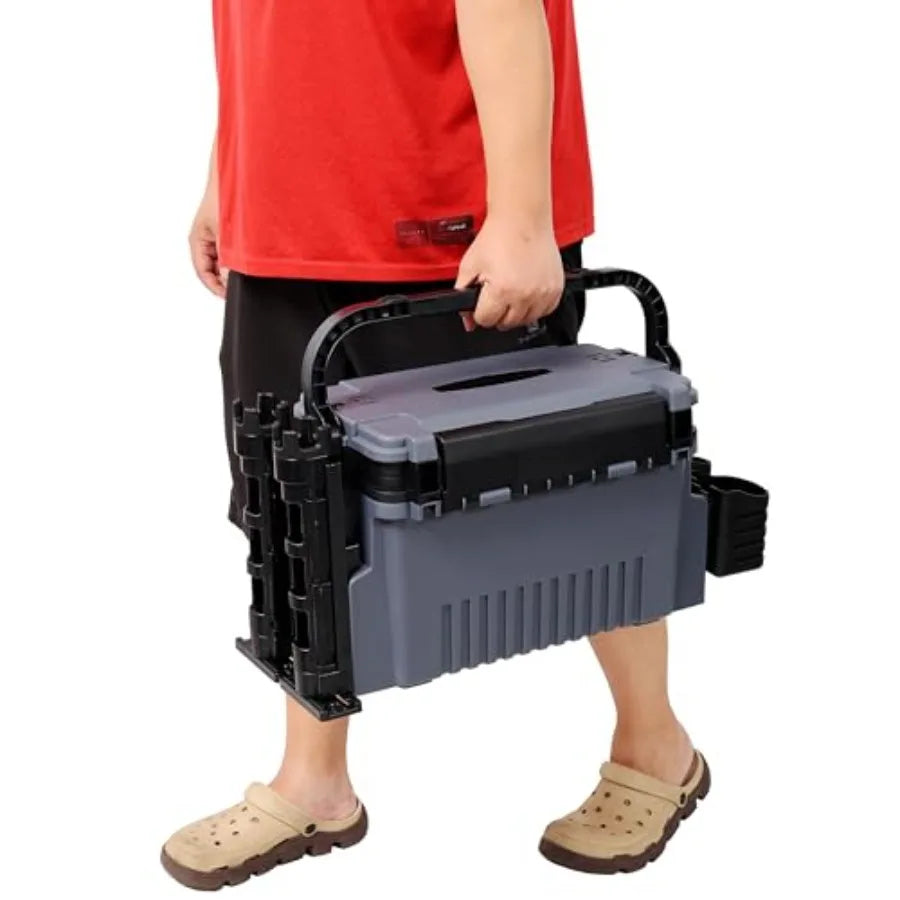 Dual-Layer Fishing Tackle Box Organizer 11L Waterproof Tacklebox for Fishing with Adjustable Compartments, 2 Rod Holders, 2 Cup
