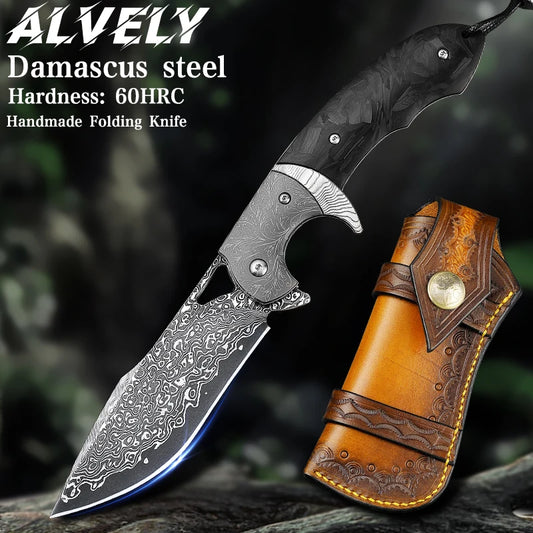High Quality Men's Folding Pocket Knife, Damascus Steel Pocket Knife with Sheath, EDC Camping Adventure, Hunting Survival Knife