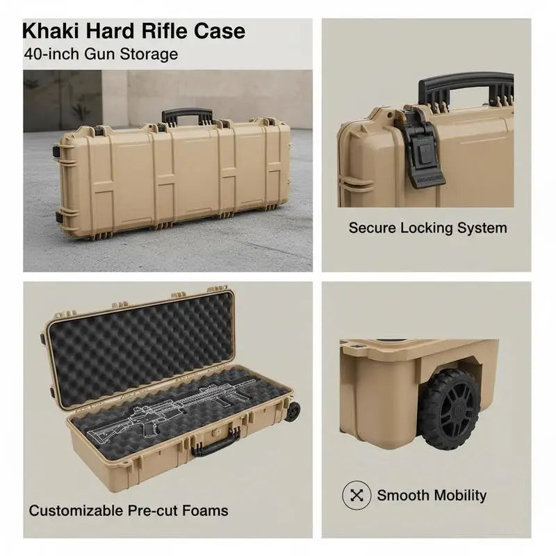 Rifle Protective Trunk 40 Inch For Hunting Shooting Range Tactical Training, Pre-cut Foam Lockable Latches Rolling Wheels Khaki Large Firearm Container Shotgun Airsoft Storage Case