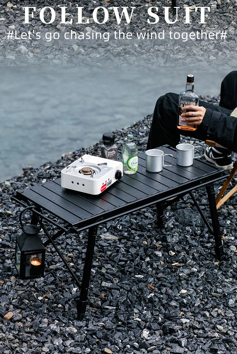 Camping folding chicken roll table aluminum alloy adjustable IGT table with stove, picnic barbecue movable table