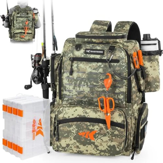 Fishing Tackle Backpack with Rod Holders 4 Tackle Boxes Rain Cover 45 43L Large Storage for Fishing Gear